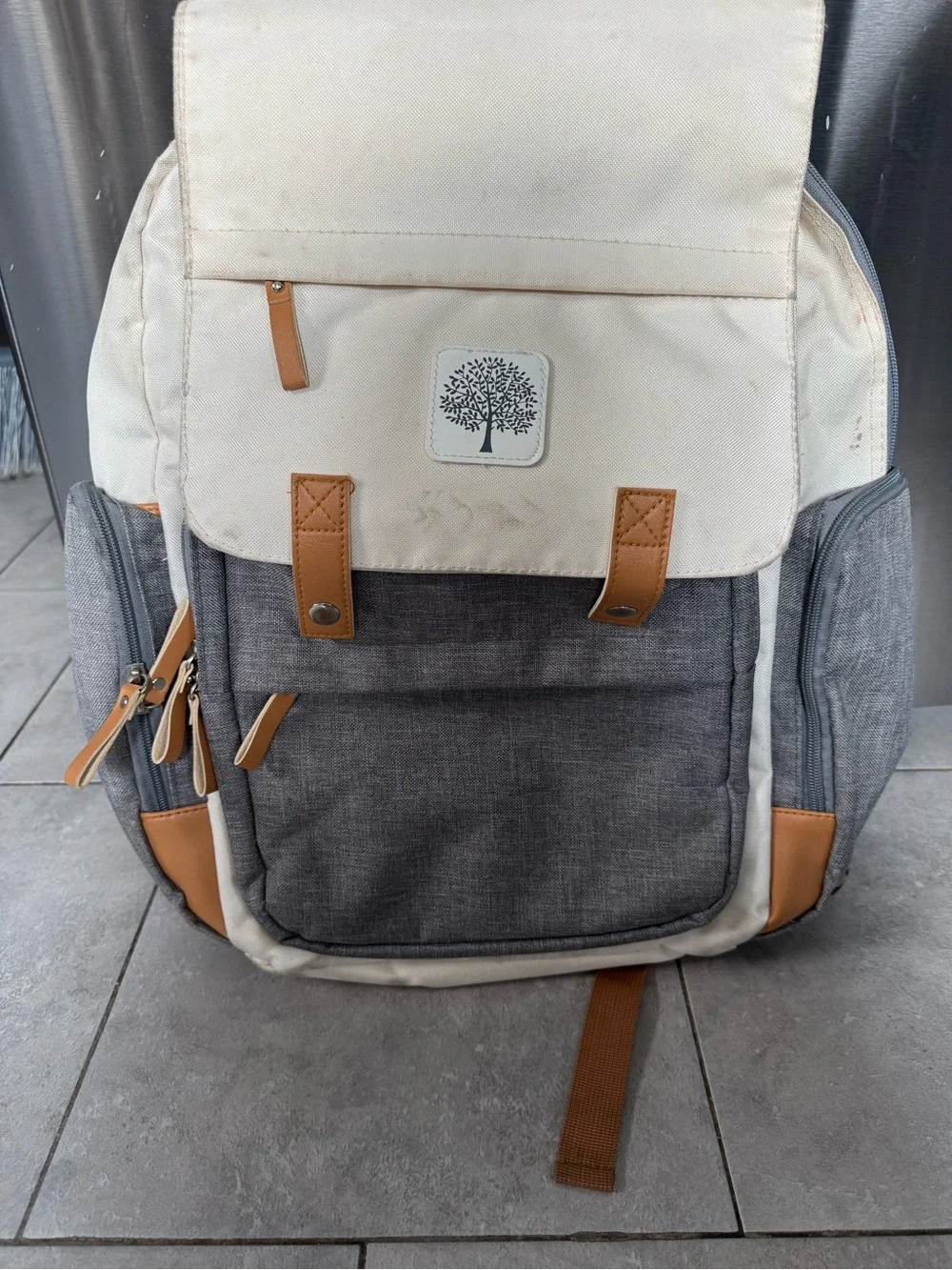 Neutral Two-Tone Baby Diaper Backpack with Tree Logo